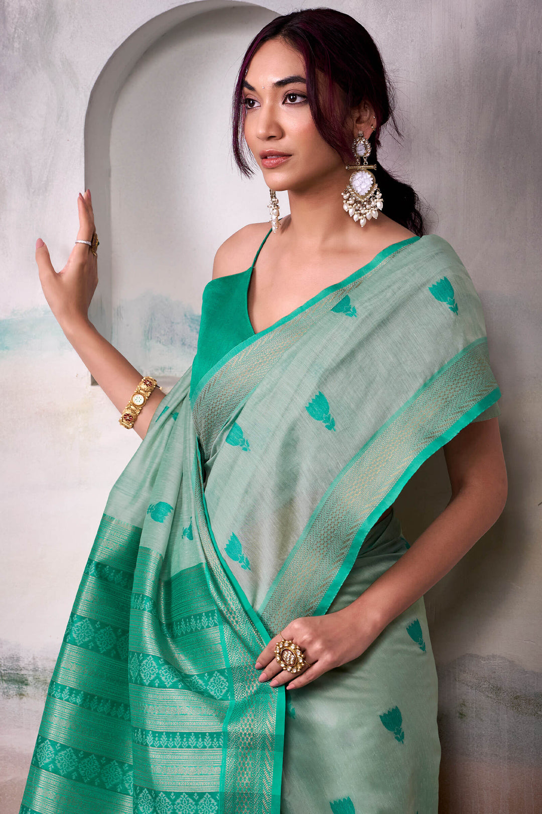 Spanish Green Zari Woven Cotton Silk Saree