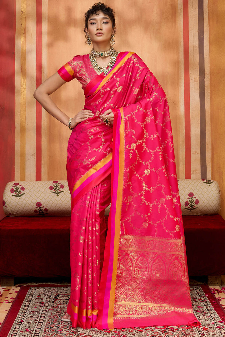 Spanish Pink Zari Woven Soft Banarasi Silk Saree