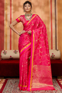 Spanish Pink Zari Woven Soft Banarasi Silk Saree