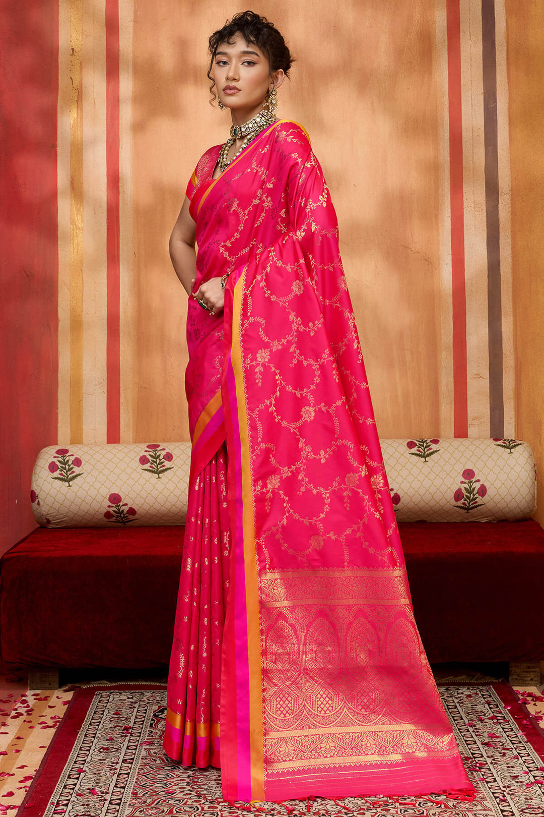 Spanish Pink Zari Woven Soft Banarasi Silk Saree