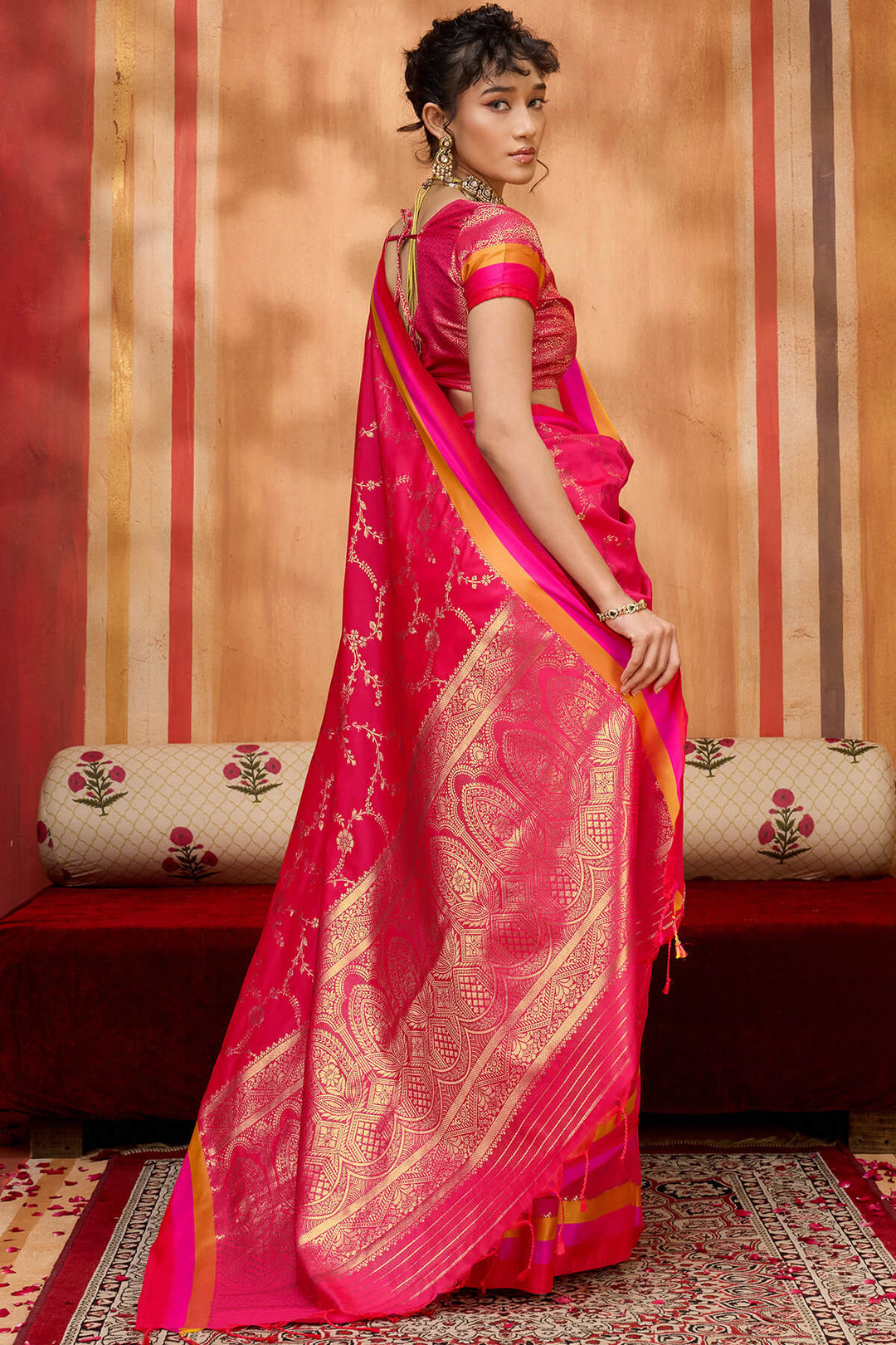 Spanish Pink Zari Woven Soft Banarasi Silk Saree