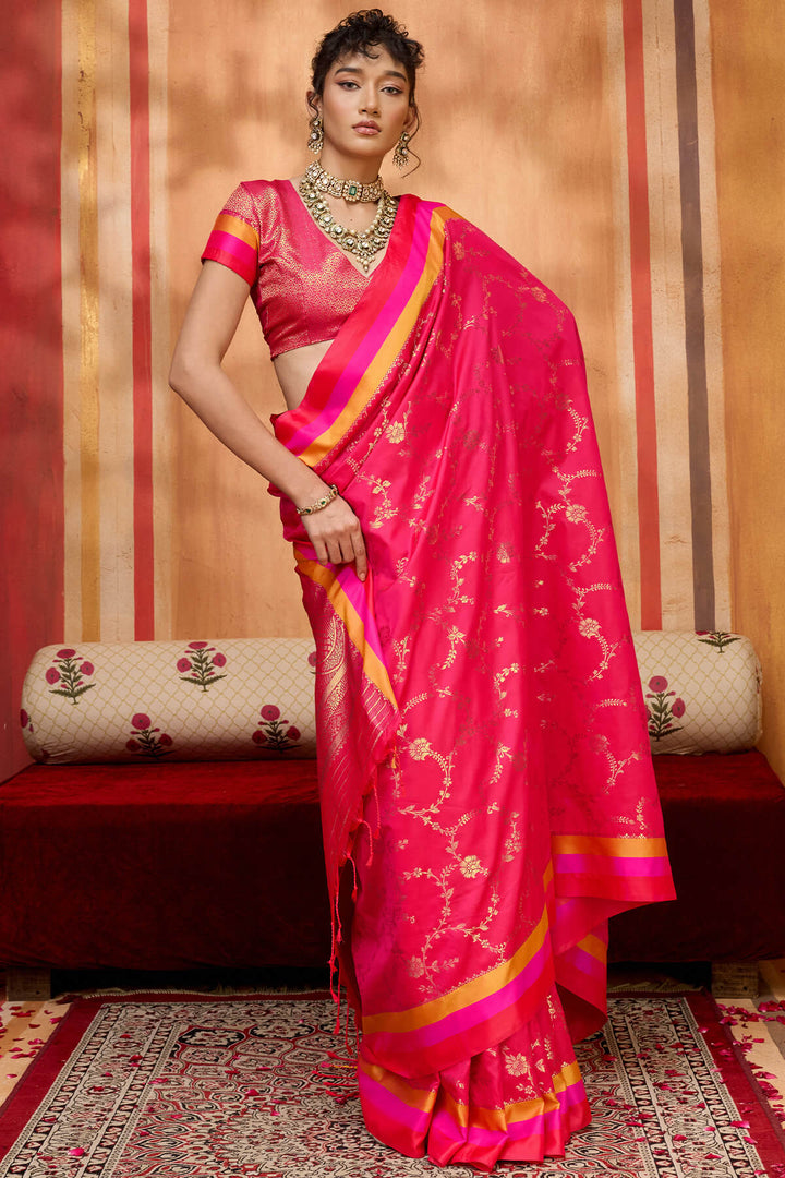 Spanish Pink Zari Woven Soft Banarasi Silk Saree