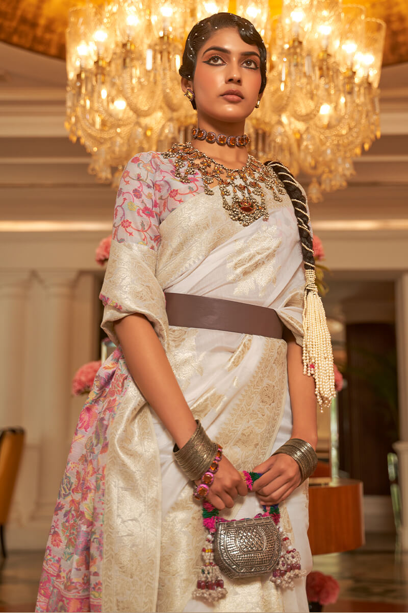 Spanish White Pashmina Silk Saree