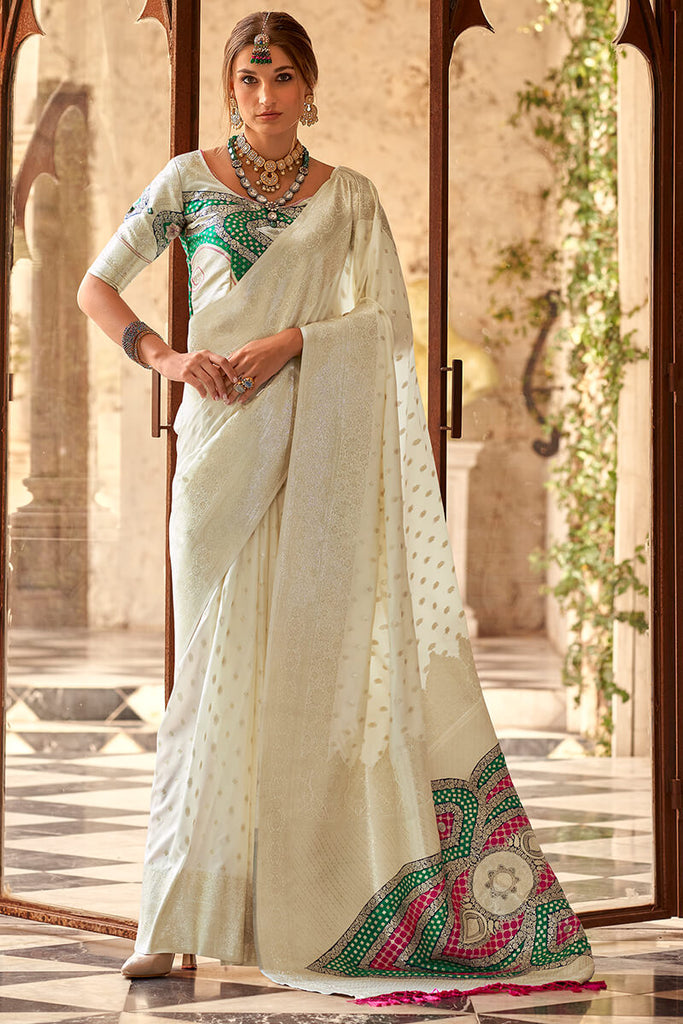 Spanish White Soft Banarasi silk saree