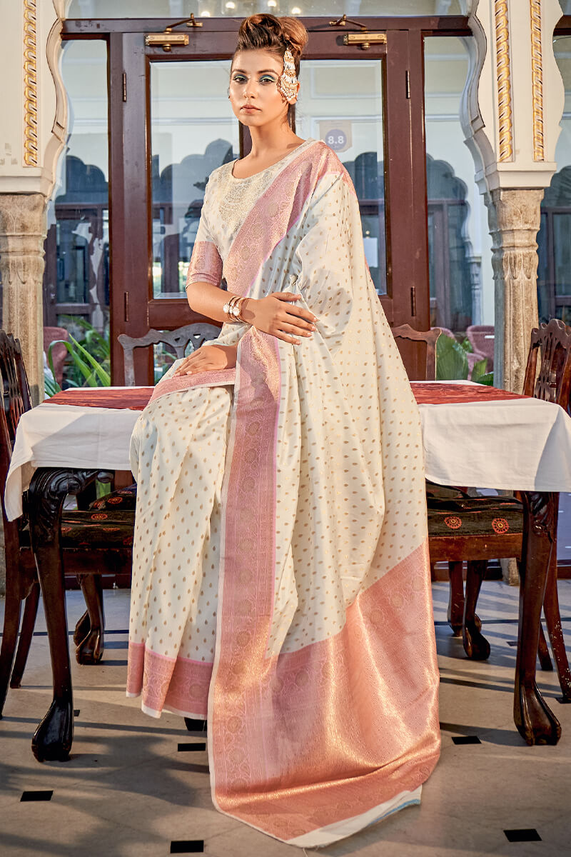 Spanish White Zari Woven Banarasi Silk Saree