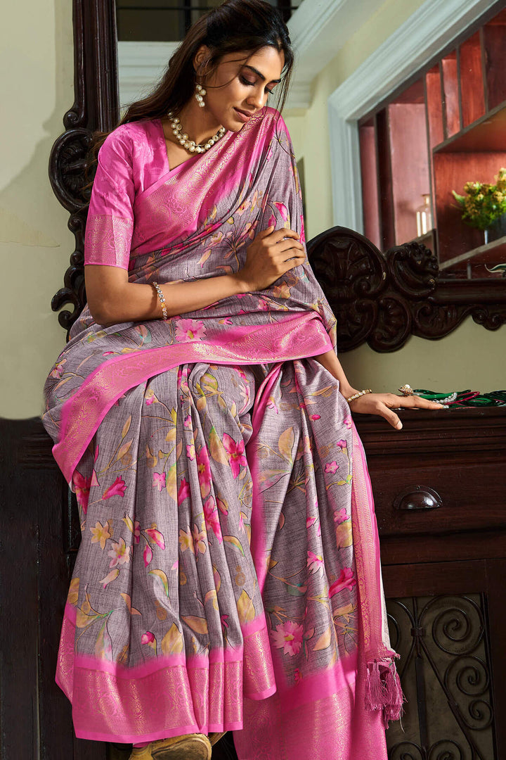 Spicy Pink Handloom Woven Digital Printed Soft Silk Saree