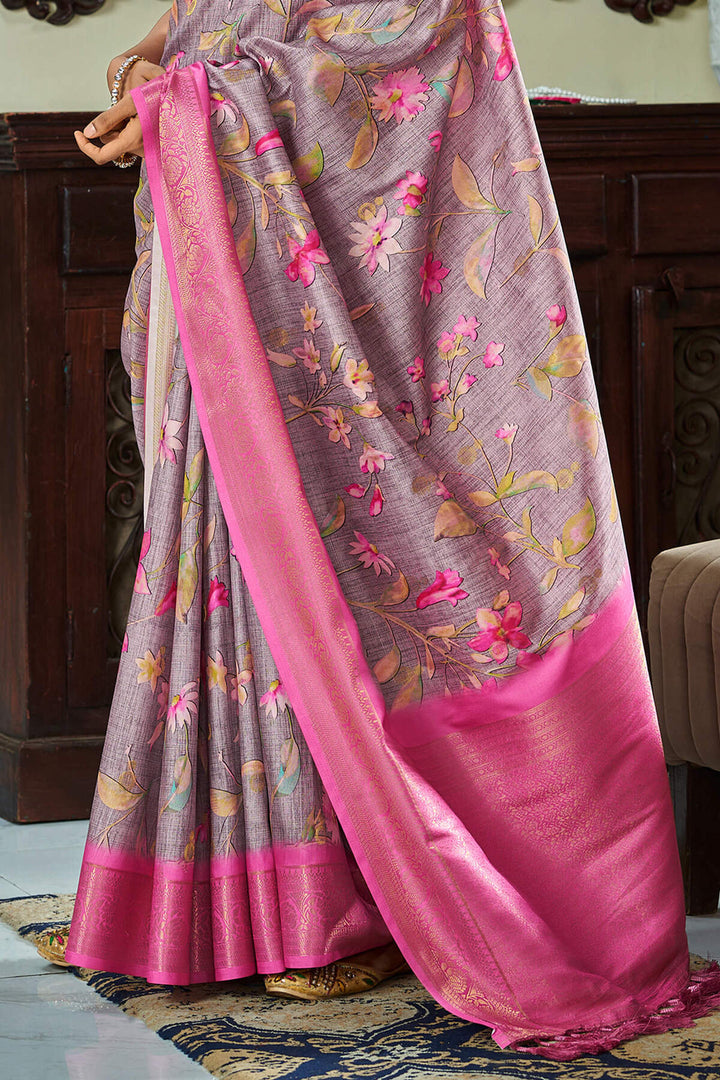 Spicy Pink Handloom Woven Digital Printed Soft Silk Saree