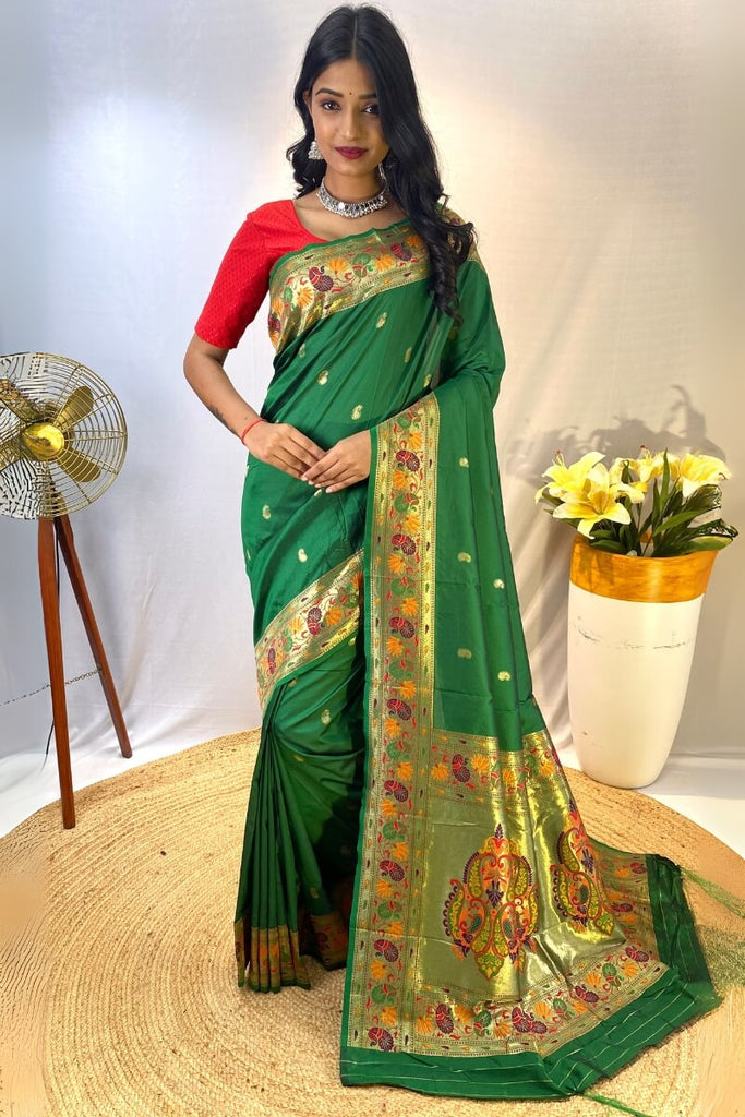 Spruce Green Zari Woven Paithani Silk Saree