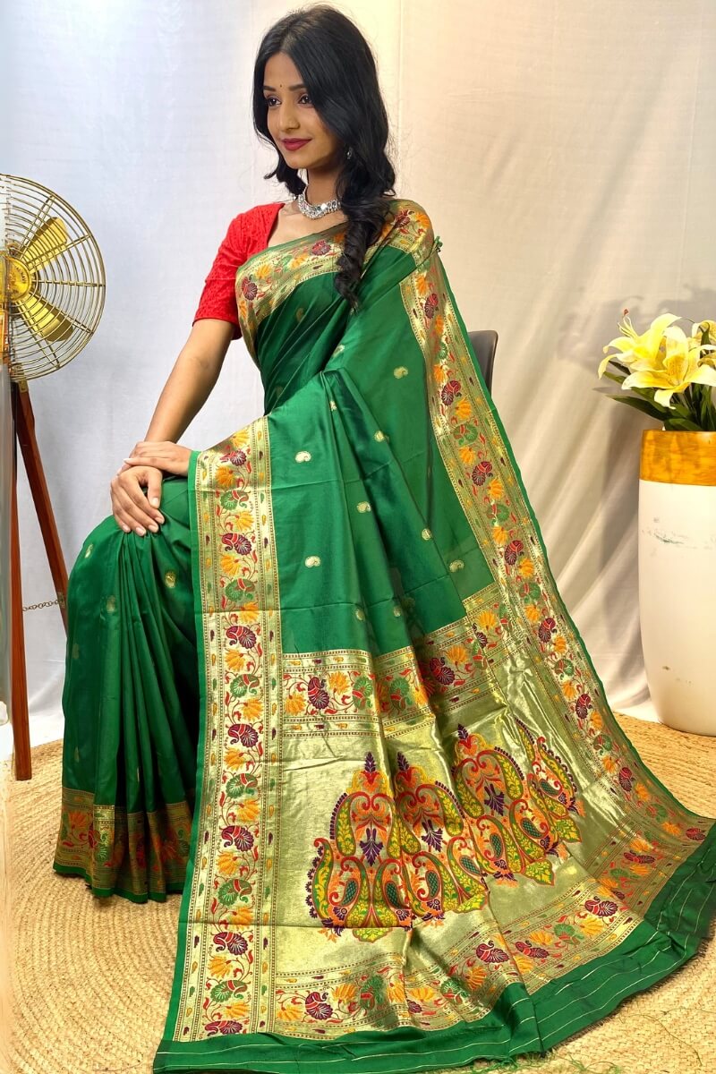 Spruce Green Zari Woven Paithani Silk Saree