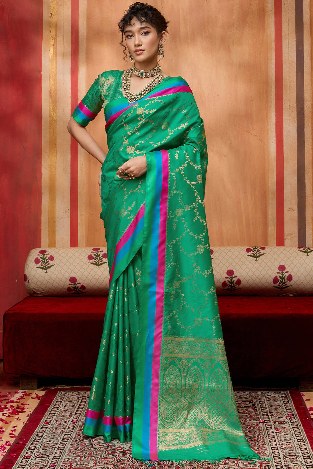 Spruce Green Zari Woven Soft Banarasi Silk Saree