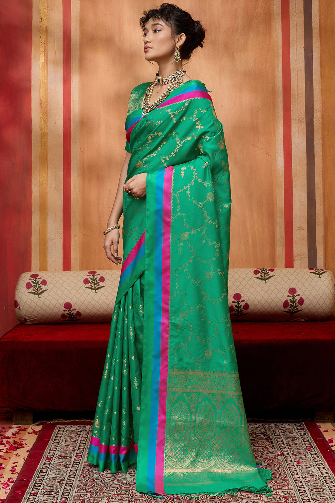 Spruce Green Zari Woven Soft Banarasi Silk Saree