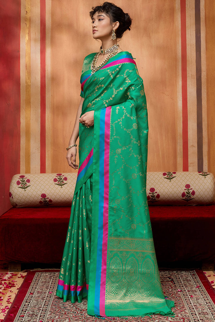 Spruce Green Zari Woven Soft Banarasi Silk Saree