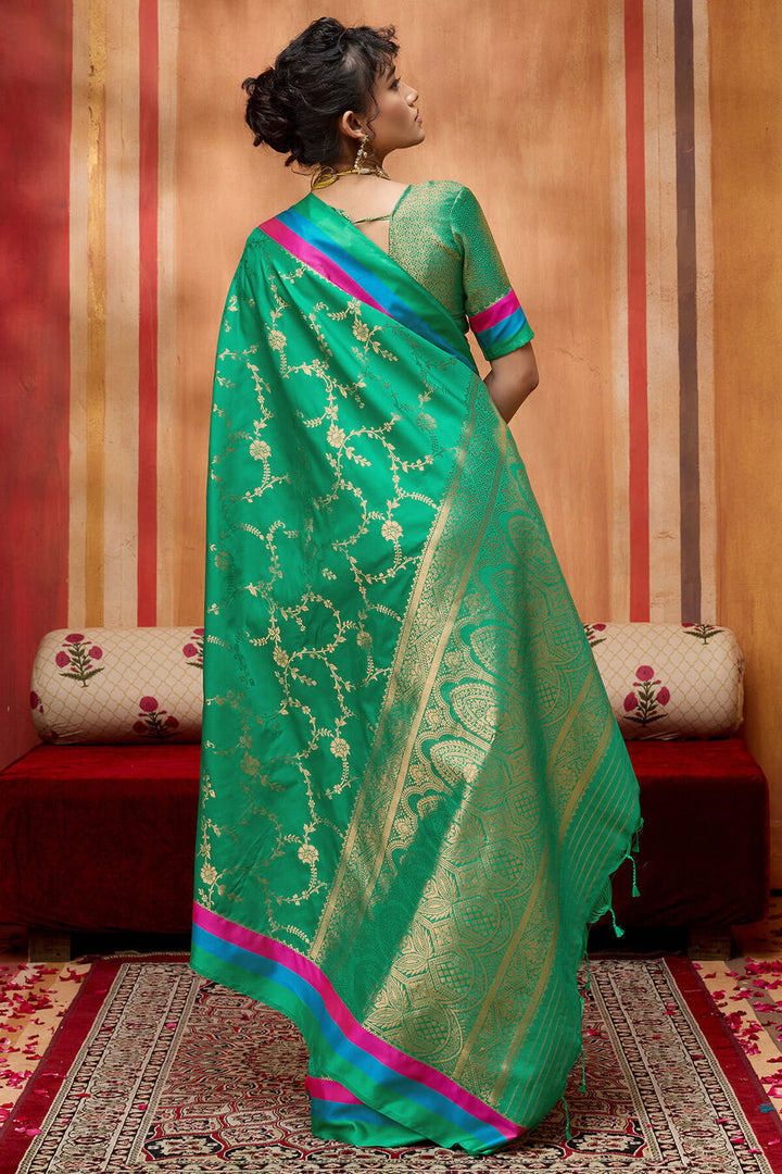 Spruce Green Zari Woven Soft Banarasi Silk Saree