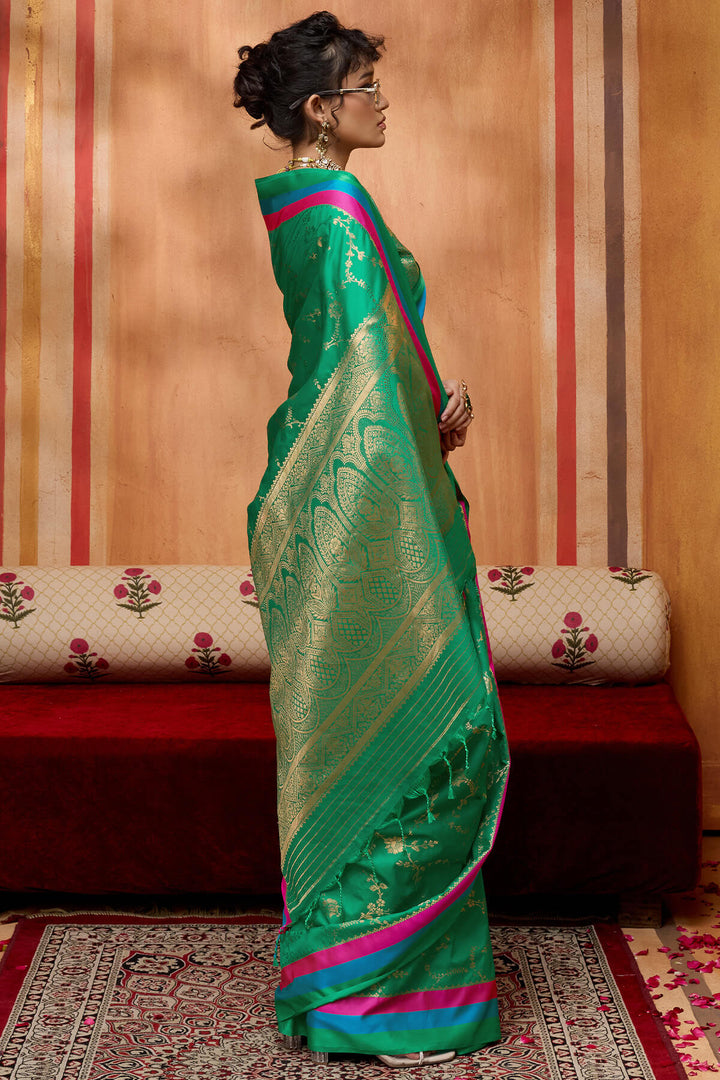 Spruce Green Zari Woven Soft Banarasi Silk Saree