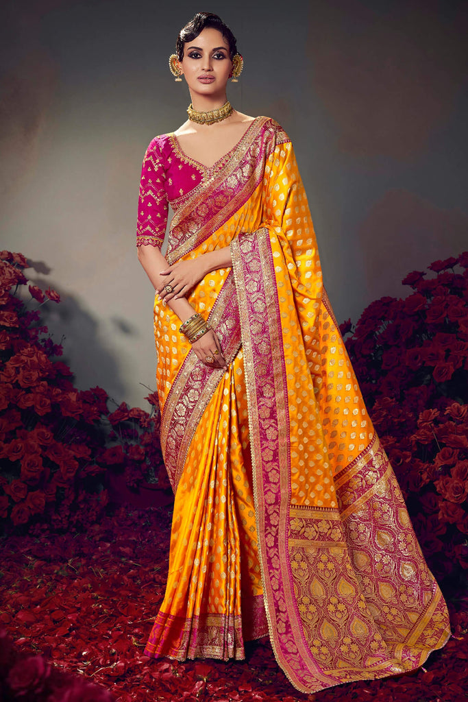 Squash Yellow Banarasi Satin Silk Saree With Fancy Lace Border and Embroidery Blouse