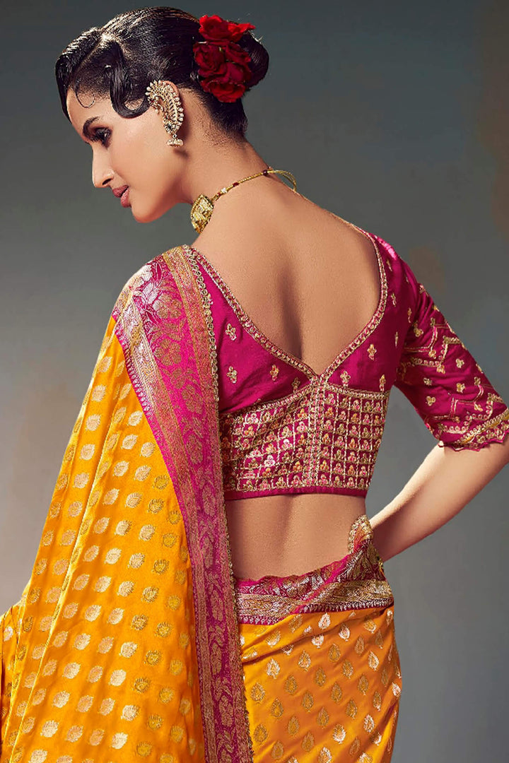 Squash Yellow Banarasi Satin Silk Saree With Fancy Lace Border and Embroidery Blouse