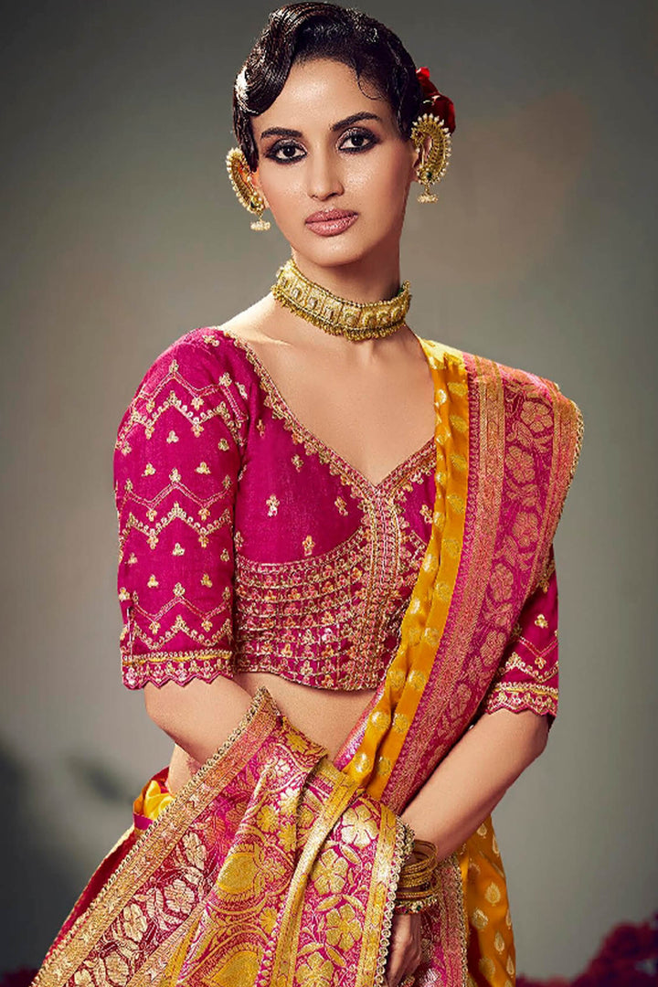 Squash Yellow Banarasi Satin Silk Saree With Fancy Lace Border and Embroidery Blouse