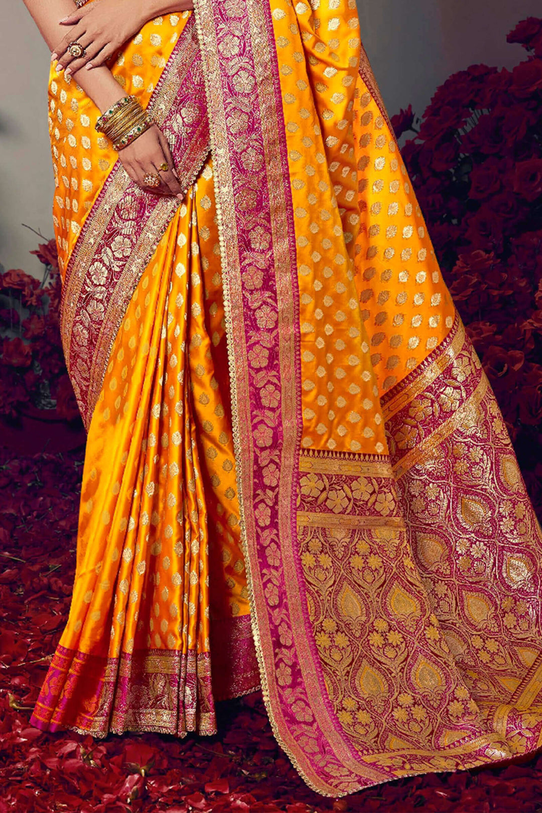 Squash Yellow Banarasi Satin Silk Saree With Fancy Lace Border and Embroidery Blouse