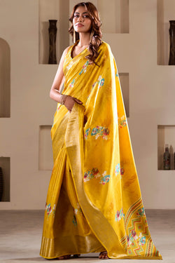 Squash Yellow Foil Printed Dola Silk Saree