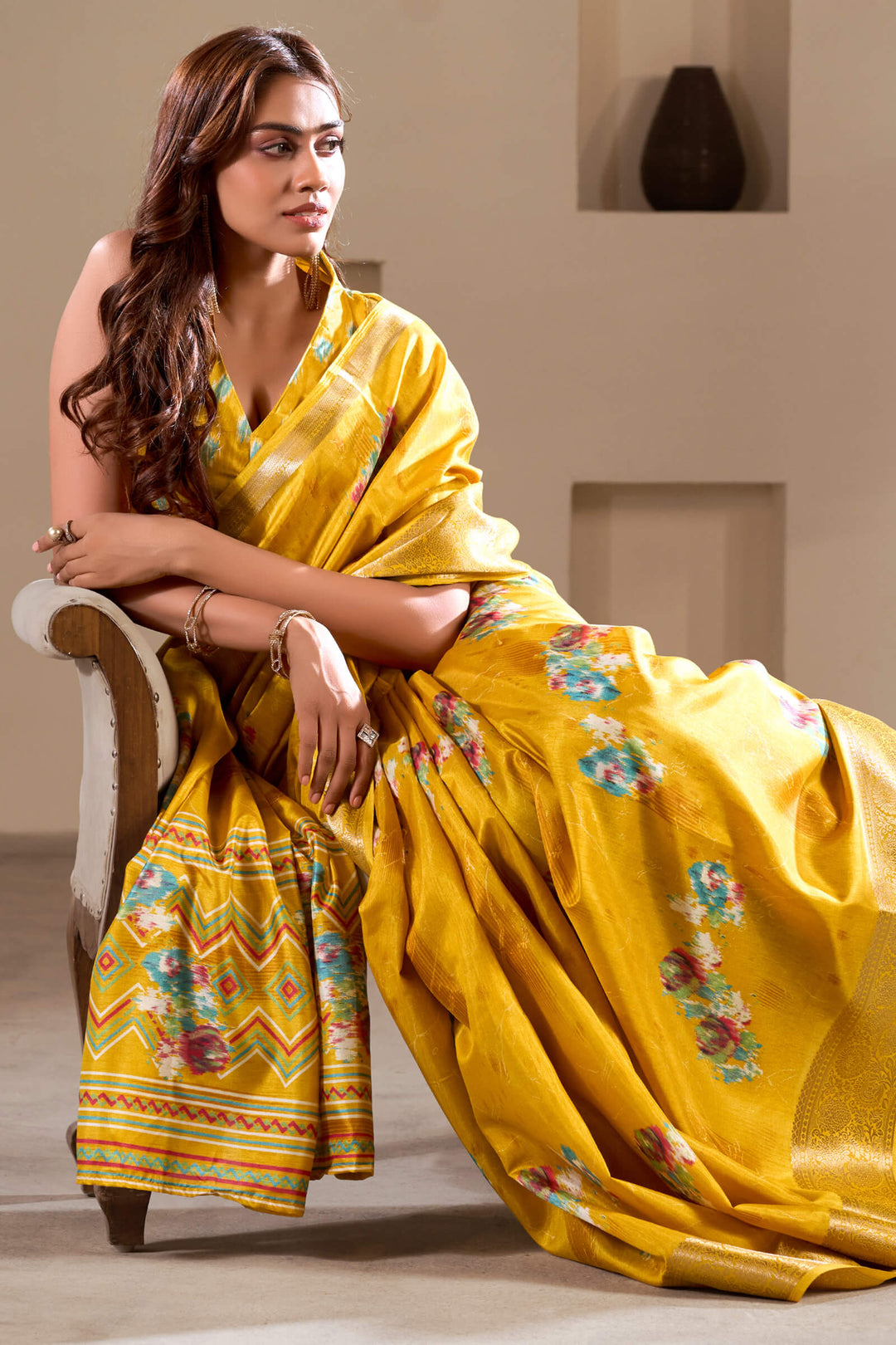Squash Yellow Foil Printed Dola Silk Saree