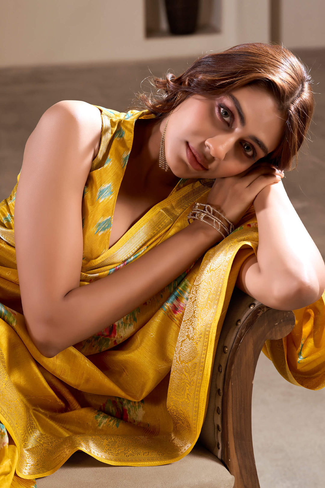 Squash Yellow Foil Printed Dola Silk Saree