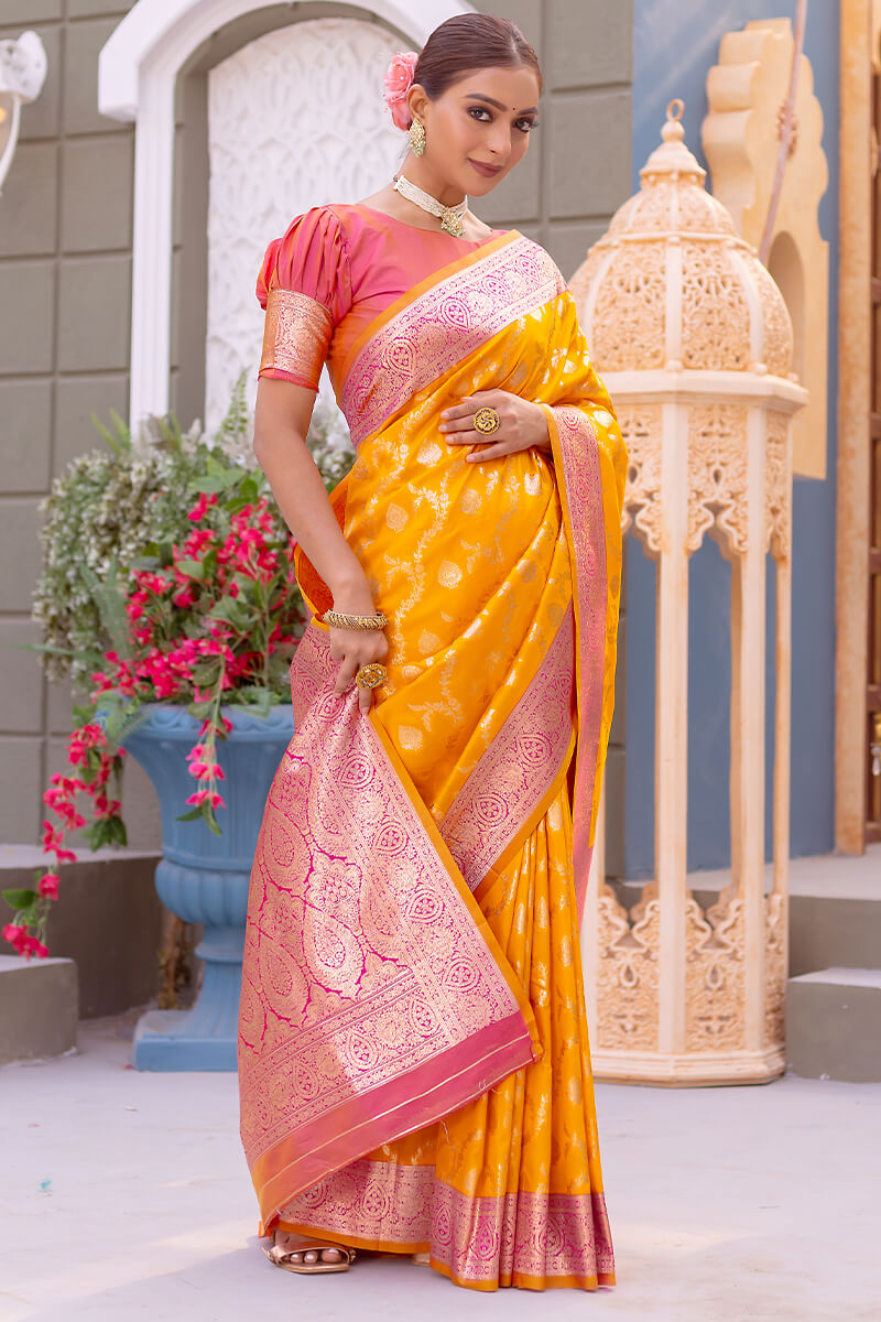 Squash Yellow Satin Banarasi Silk Saree