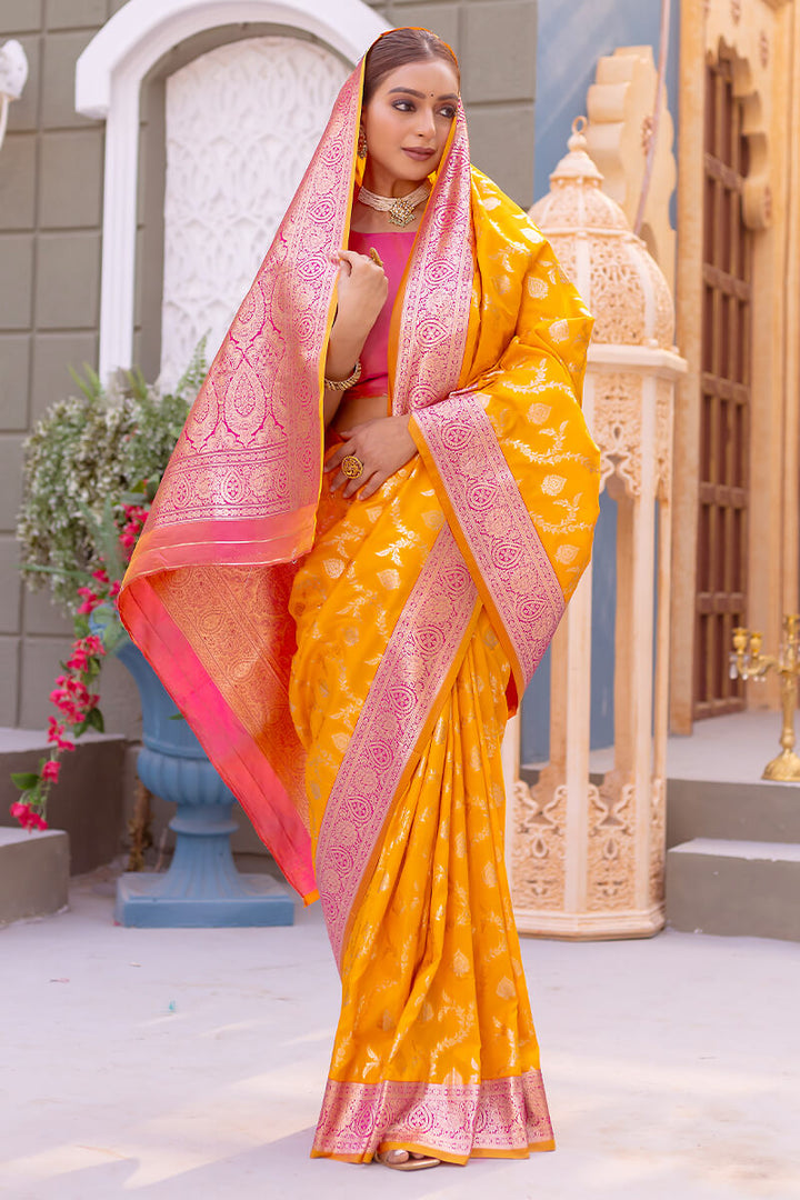 Squash Yellow Satin Banarasi Silk Saree