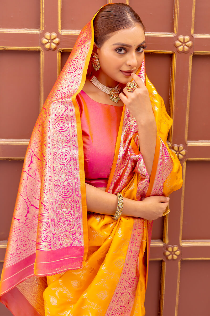 Squash Yellow Satin Banarasi Silk Saree