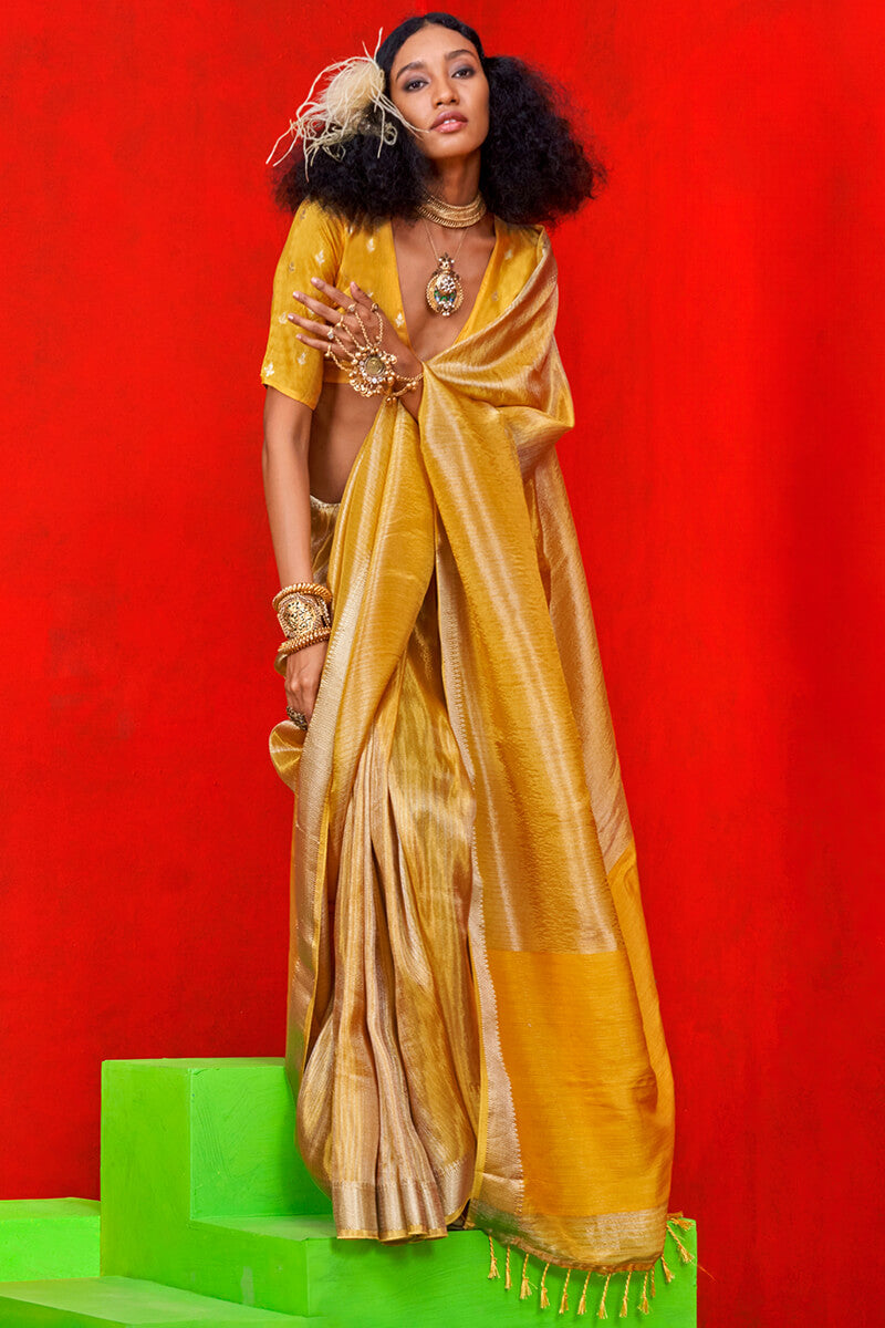 Squash Yellow Viscos Zari Tissue Silk Saree