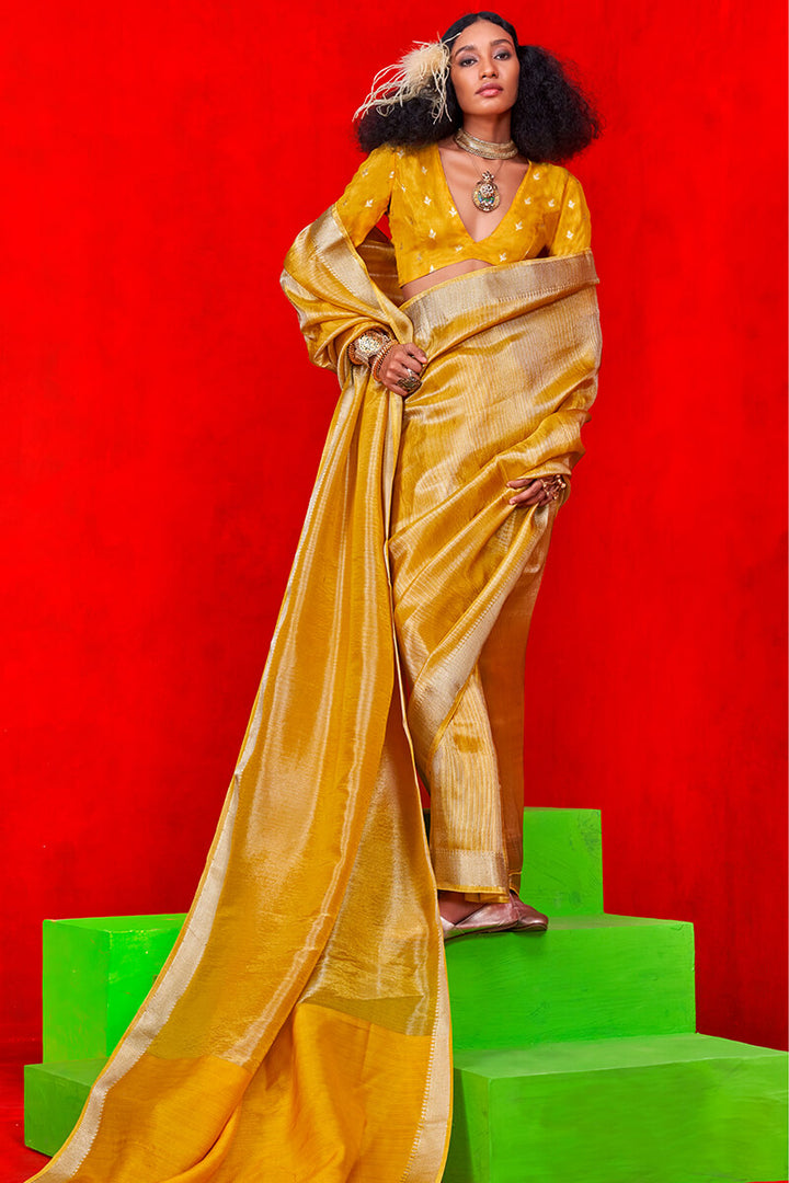 Squash Yellow Viscos Zari Tissue Silk Saree