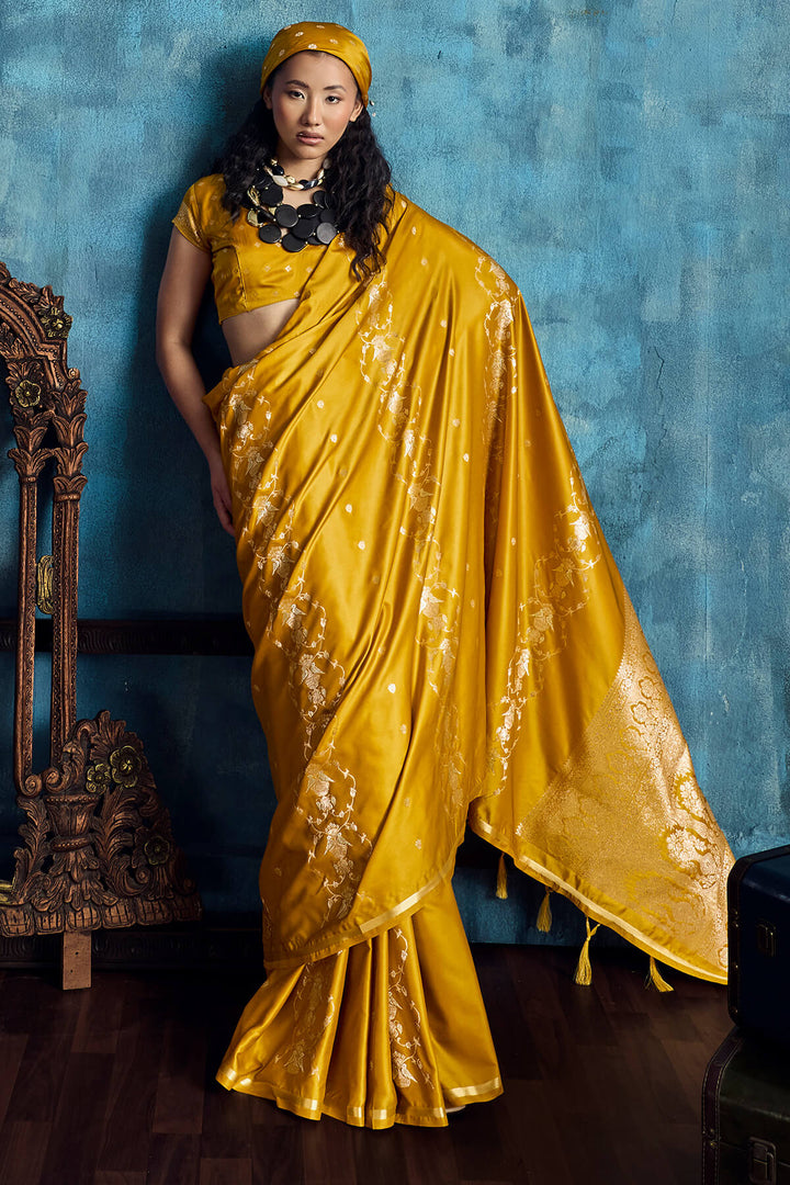 Squash Yellow Zari Woven Banarasi Satin silk saree