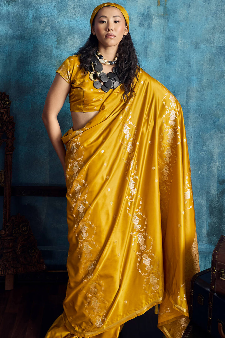 Squash Yellow Zari Woven Banarasi Satin silk saree