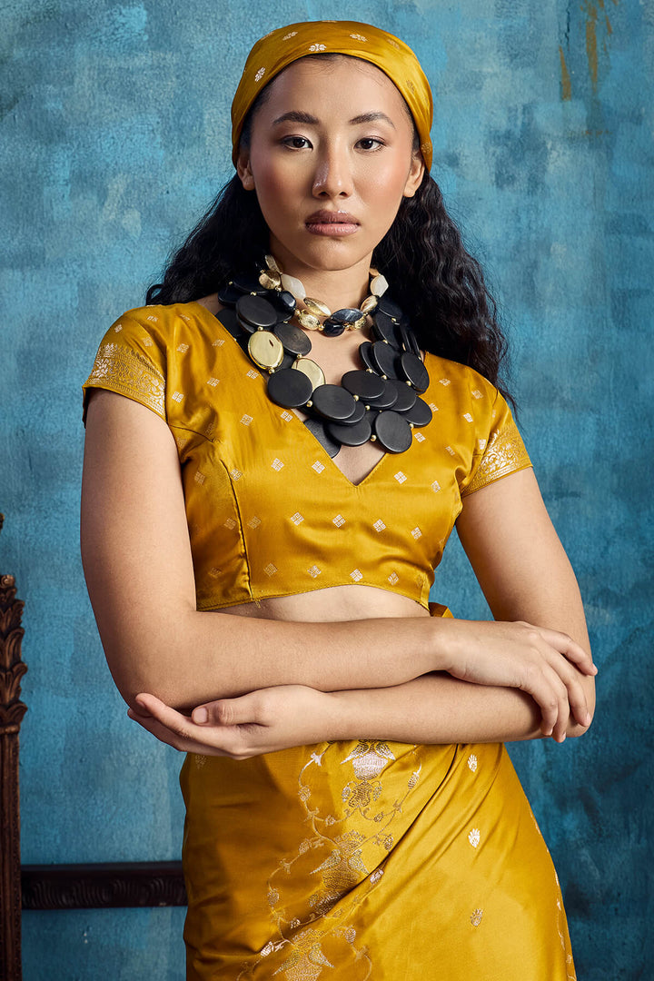 Squash Yellow Zari Woven Banarasi Satin silk saree