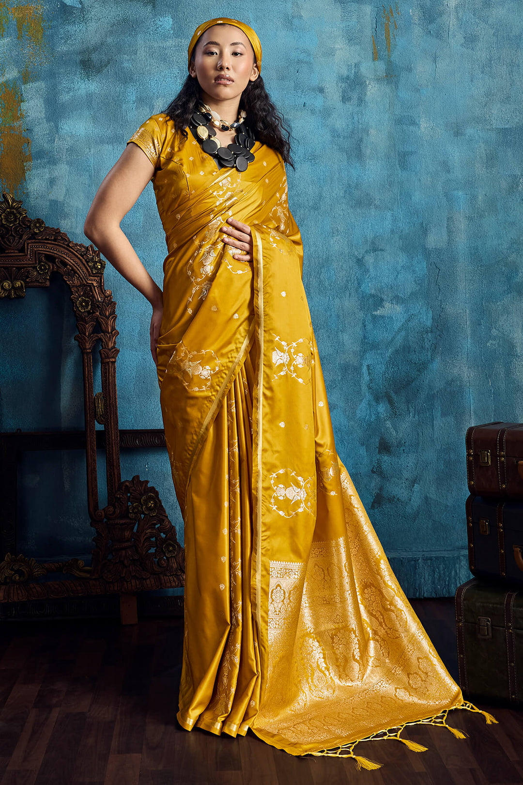 Squash Yellow Zari Woven Banarasi Satin silk saree