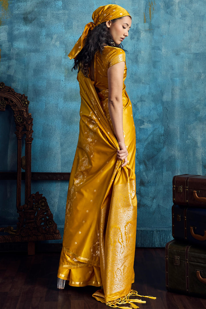Squash Yellow Zari Woven Banarasi Satin silk saree