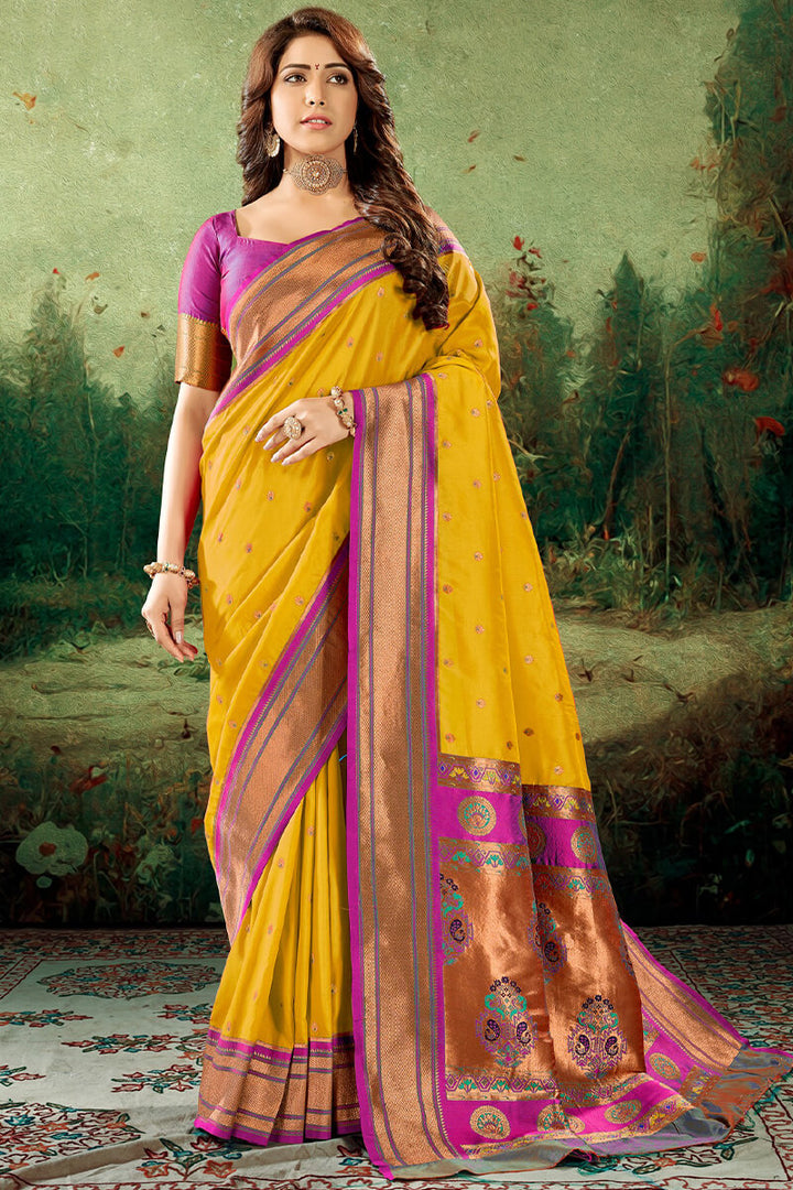 Squash Yellow Zari Woven Paithani Silk Saree