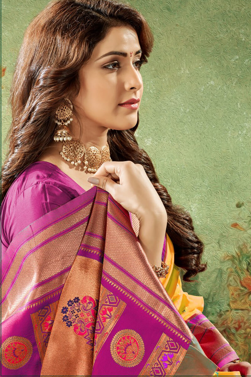 Squash Yellow Zari Woven Paithani Silk Saree