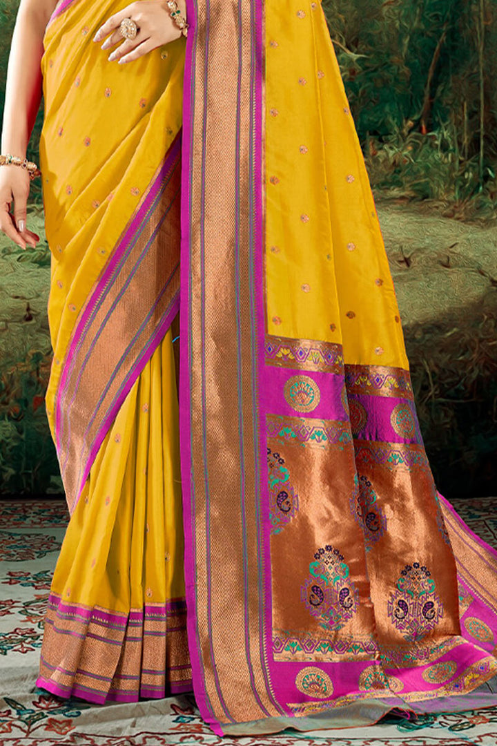 Squash Yellow Zari Woven Paithani Silk Saree