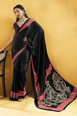 Starfall Black Ajrakh Printed Satin Silk Saree