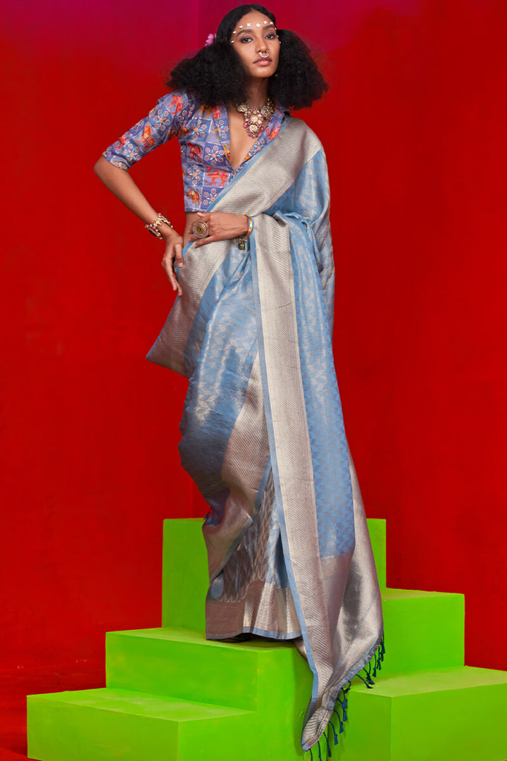 Steel Blue Banarasi Tissue Silk Saree