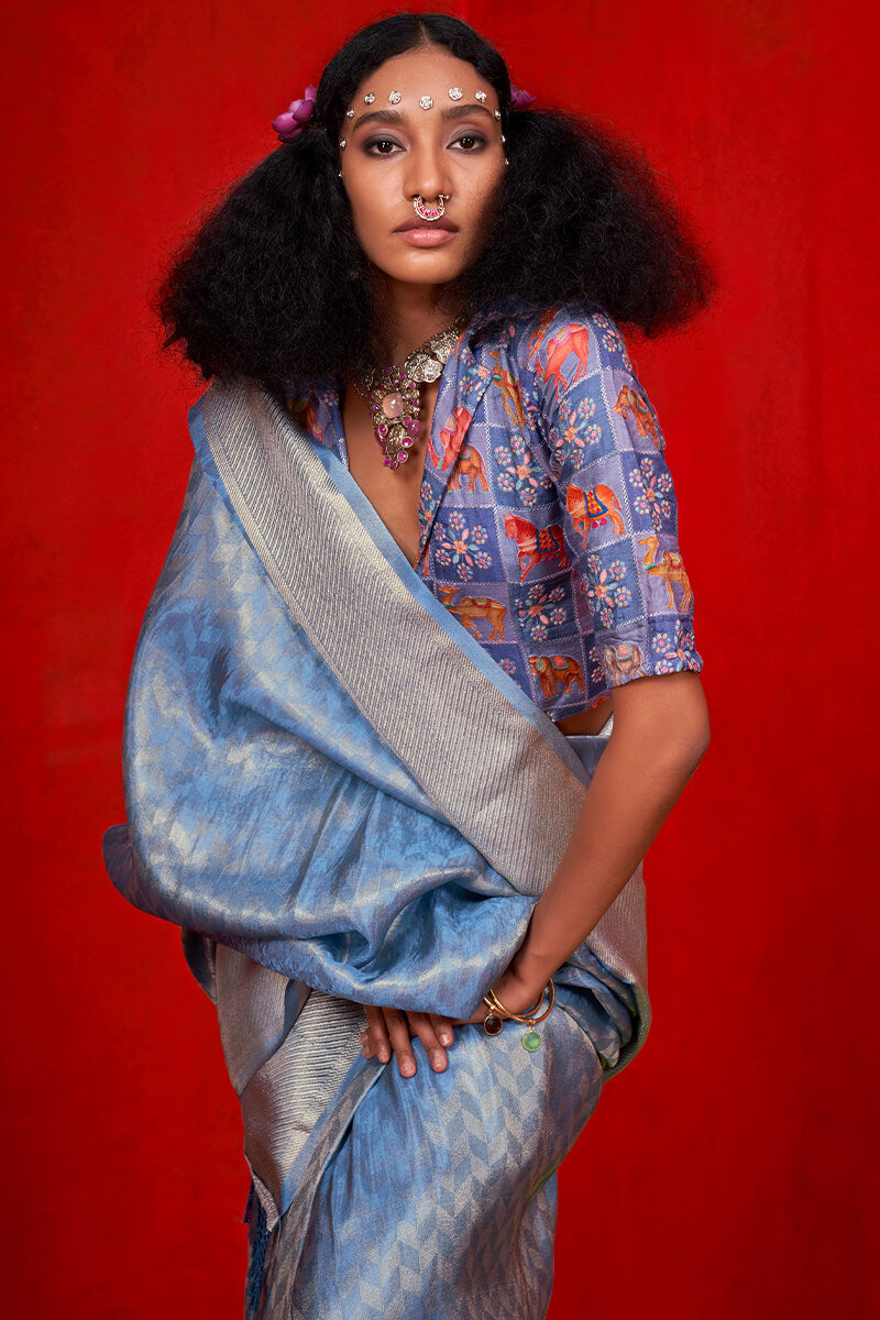 Steel Blue Banarasi Tissue Silk Saree
