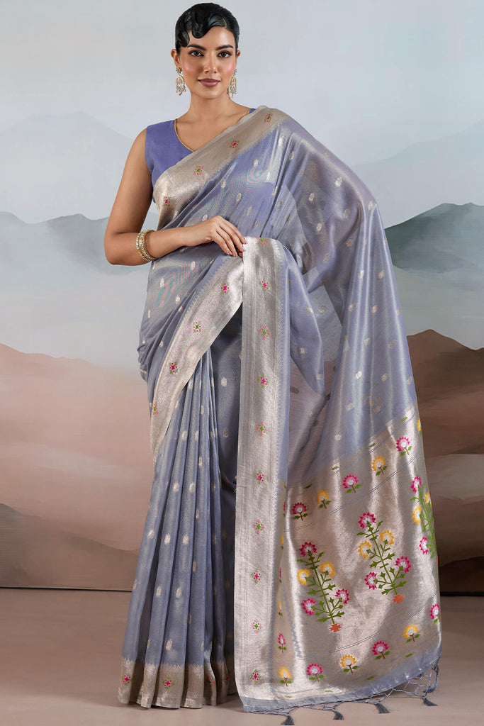 Steel Blue Paithani Tissue Silk Saree