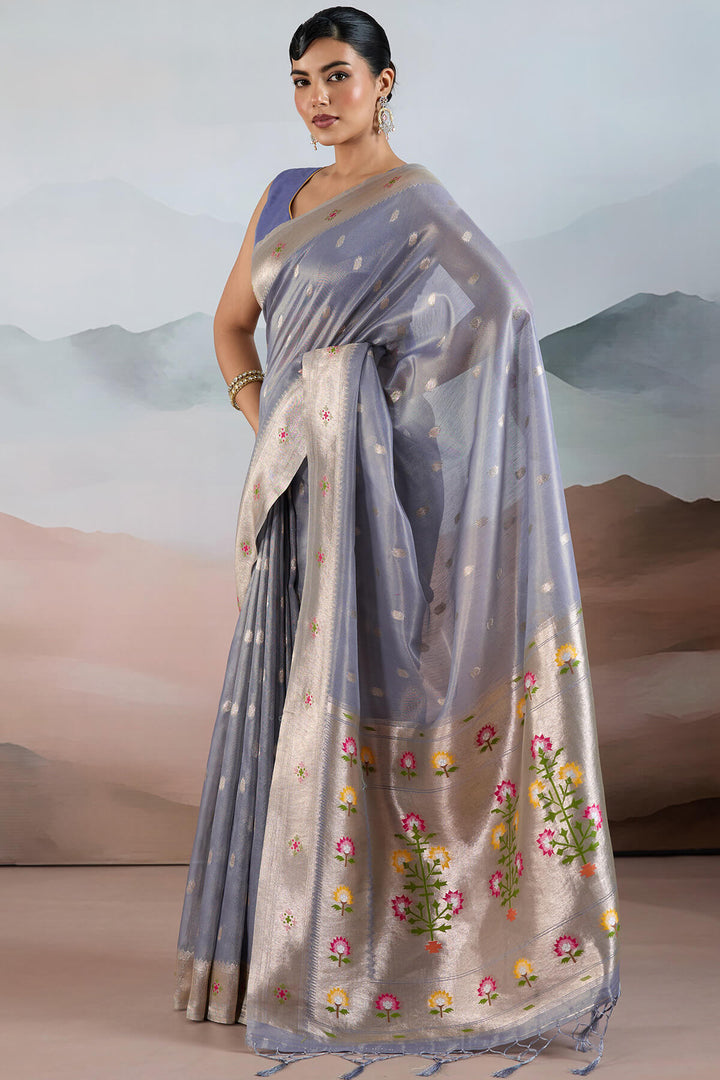 Steel Blue Paithani Tissue Silk Saree