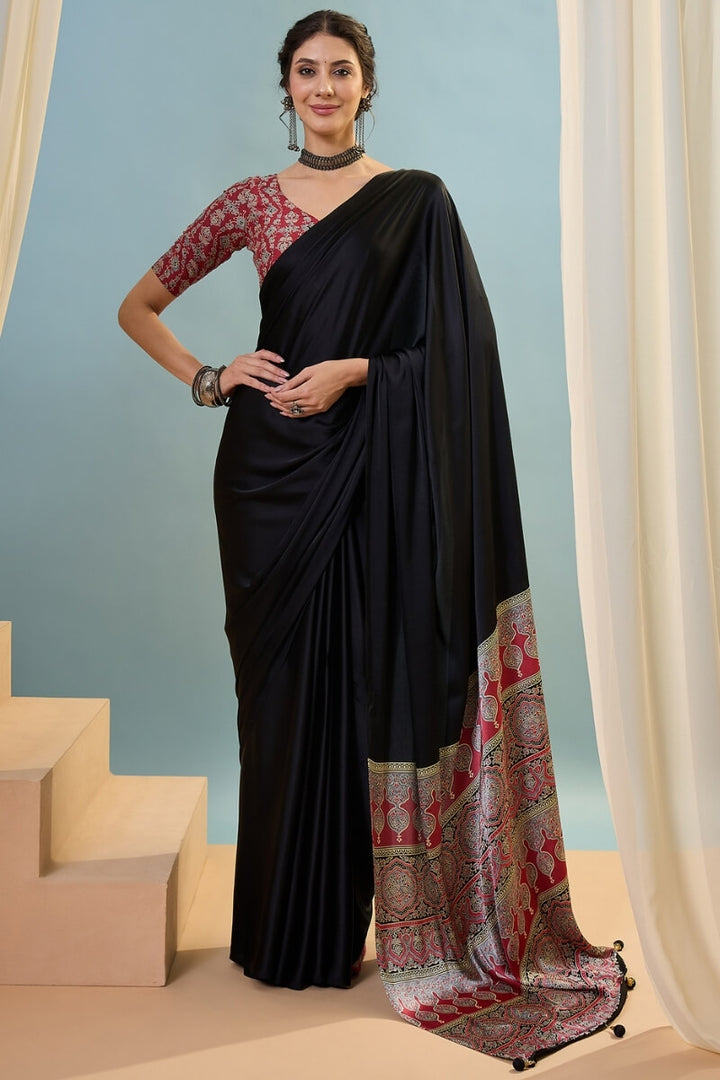 Stone Black Ajrakh Printed Satin Silk Saree