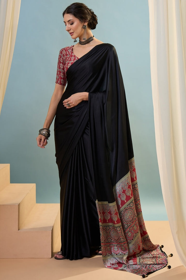 Stone Black Ajrakh Printed Satin Silk Saree