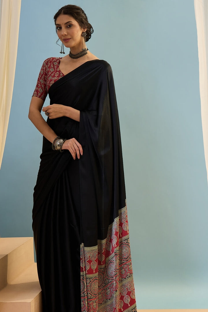 Stone Black Ajrakh Printed Satin Silk Saree