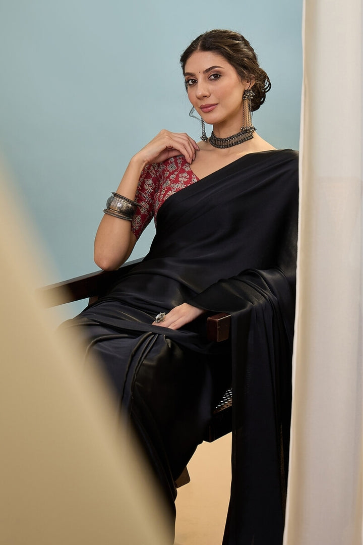 Stone Black Ajrakh Printed Satin Silk Saree