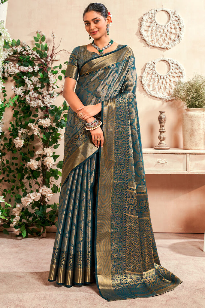 Stone Blue Zari Woven Kanjivaram Silk Saree