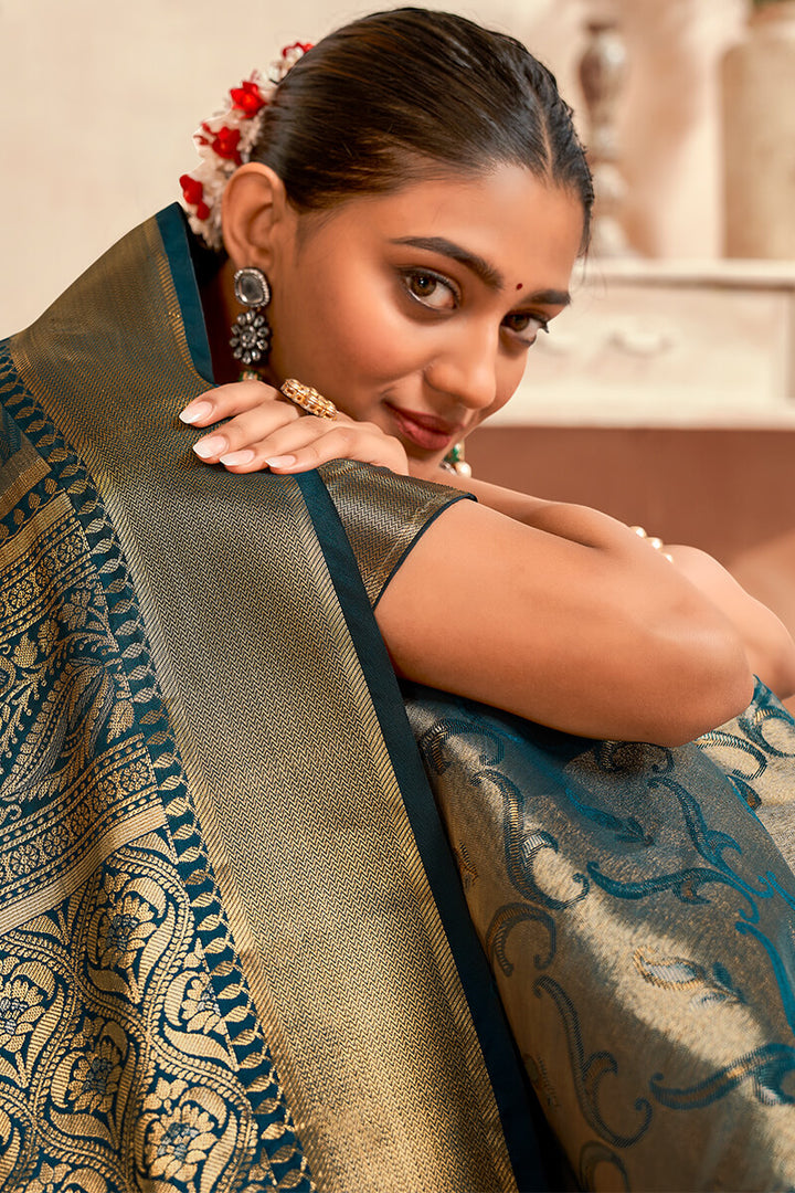 Stone Blue Zari Woven Kanjivaram Silk Saree