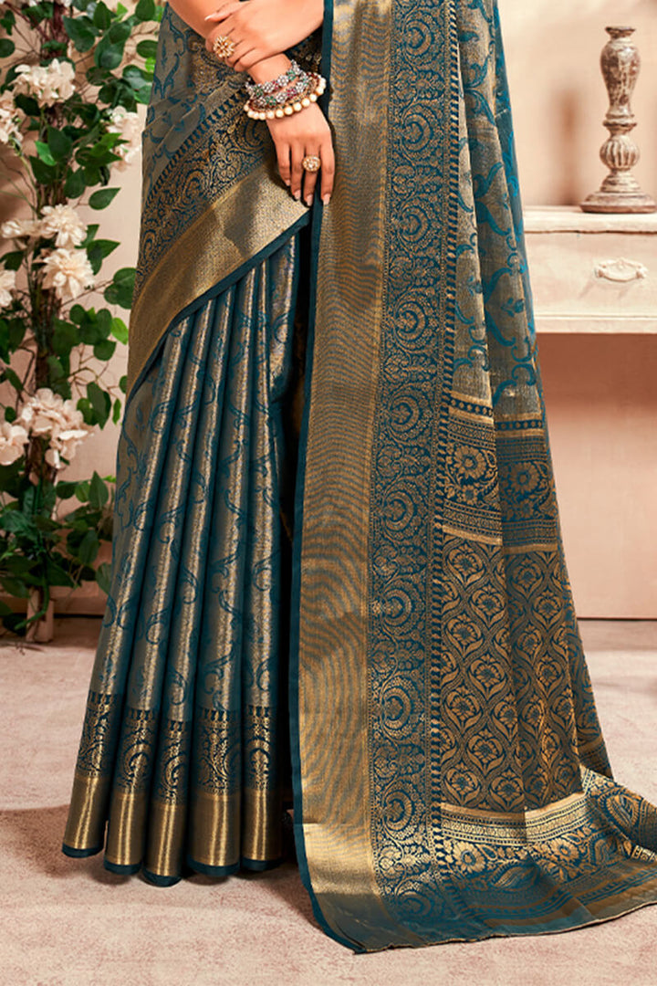 Stone Blue Zari Woven Kanjivaram Silk Saree